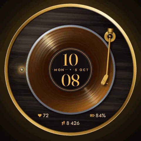 Astra Vinyl watch face for Garmin. An animated record-player dial for a day that moves to its own beat.